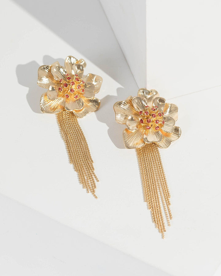 Gold Metal Crystal Flower Chain Drop Earrings | Earrings