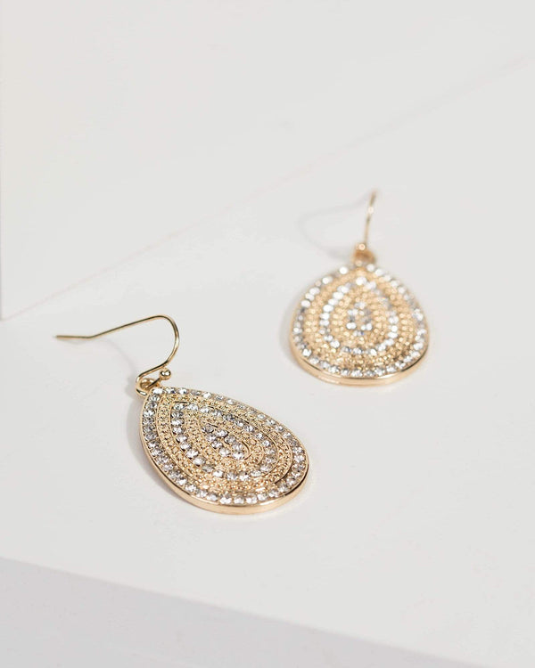Gold Metal Diamante Teardrop Earrings | Earrings