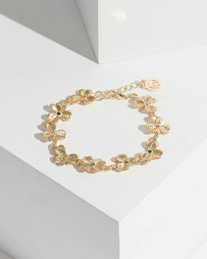 Gold Metal Flower And Crystal Bracelet | Wristwear