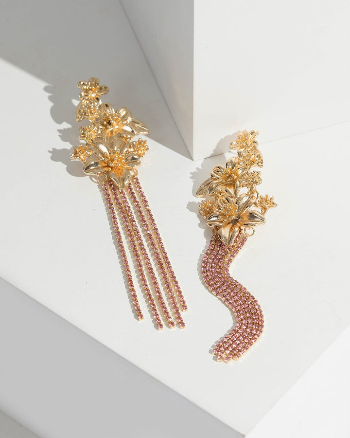 Gold Metal Flower Cluster Crystal Drop Earrings | Earrings