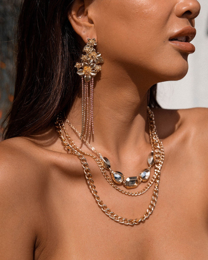Gold Metal Flower Cluster Crystal Drop Earrings | Earrings