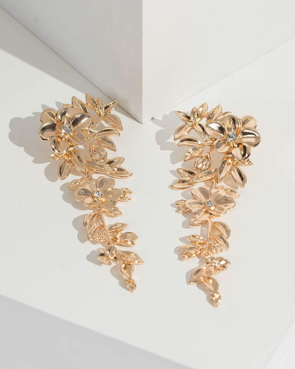 Gold Metal Flower Detail Drop Earrings | Earrings