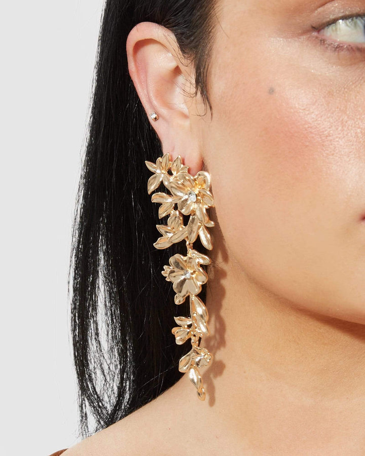 Gold Metal Flower Detail Drop Earrings | Earrings
