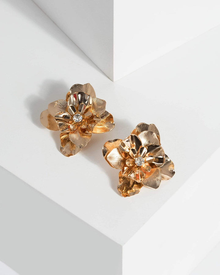 Gold Metal Flower Statement Stud Earrings | Earrings