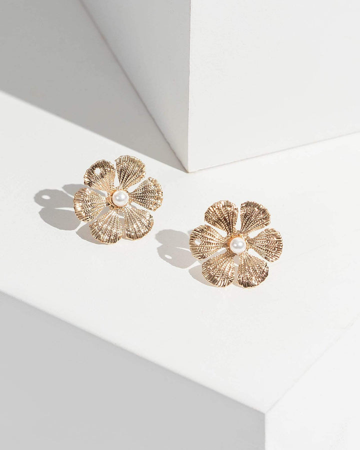 Gold Metal Flower Stud Earrings | Earrings
