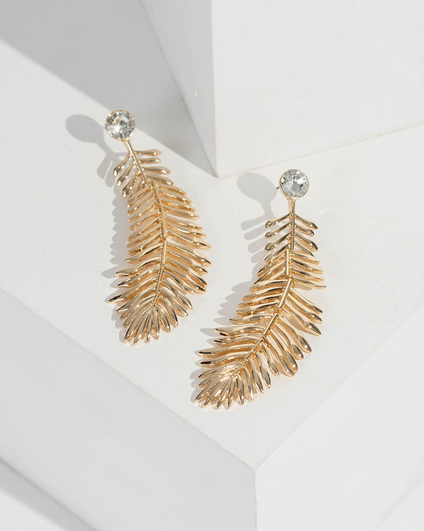 Gold Metal Leaf Detail Drop Earrings | Earrings