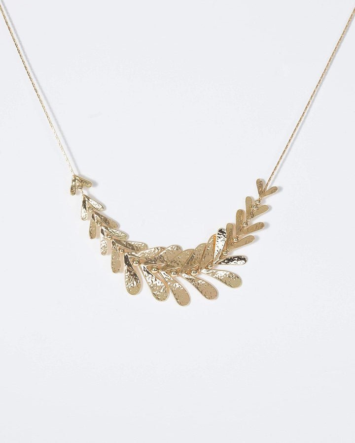 Gold Metal Multi Row Leaf Detail Necklace | Necklaces