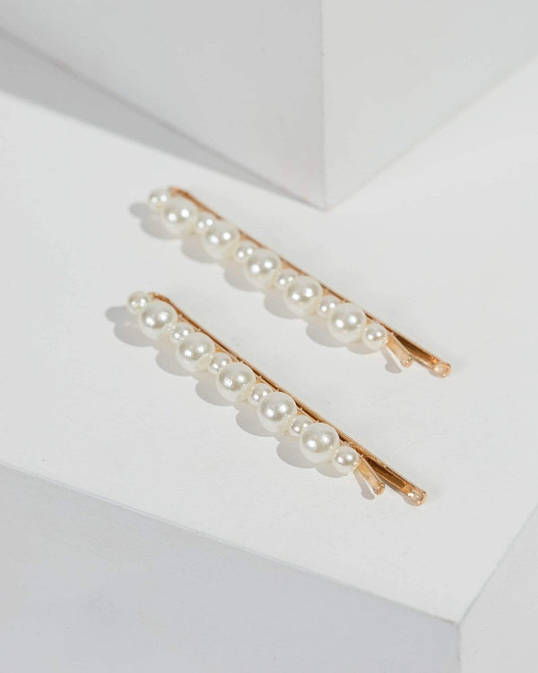 Gold Minimal Pearl 2 Pack Slides | Hair Accessories