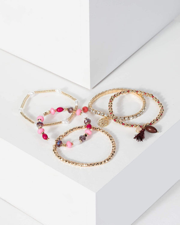Gold Mixed Bead And Tassel Bracelet Set | Wristwear