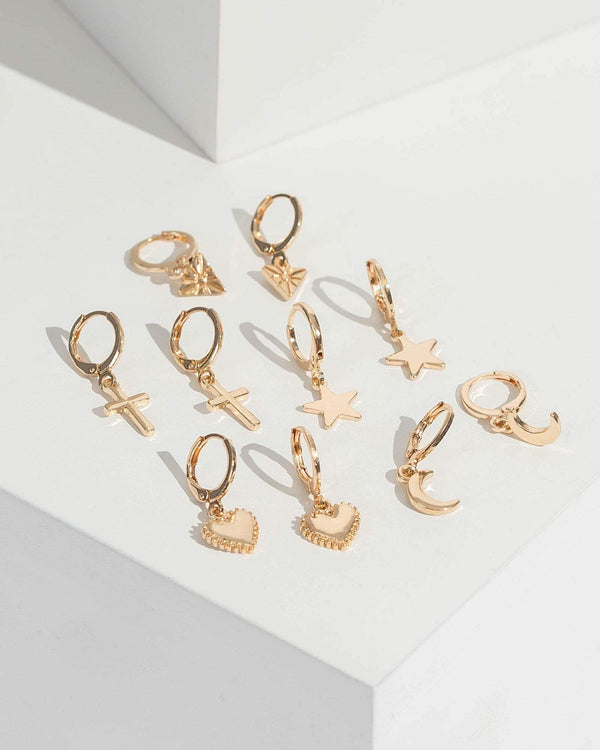 Gold Moon Star Cross Huggie 5 Pack Earrings | Earrings