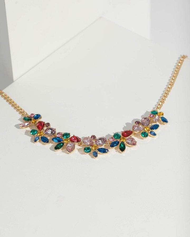 Gold Multi Crystal Flower Necklace | Necklaces