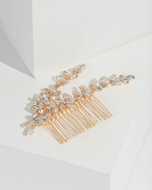 Gold Multi Crystal Leaf Hair Comb | Hair Accessories