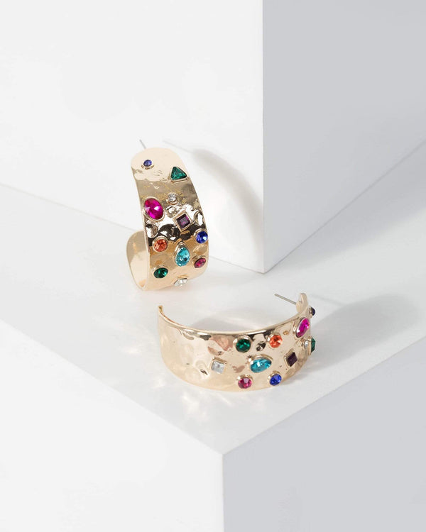 Gold Multi Crystal Wide Hoop Earrings | Earrings
