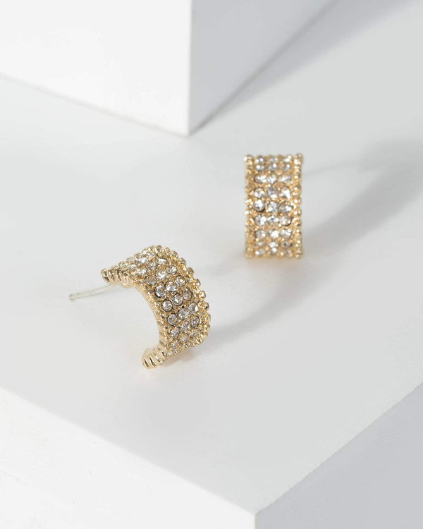 Gold Multi Diamante Detail Half Hoop Earrings | Earrings