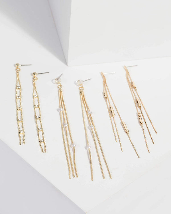 Gold Multi Drop Tassel Earring Set | Earrings