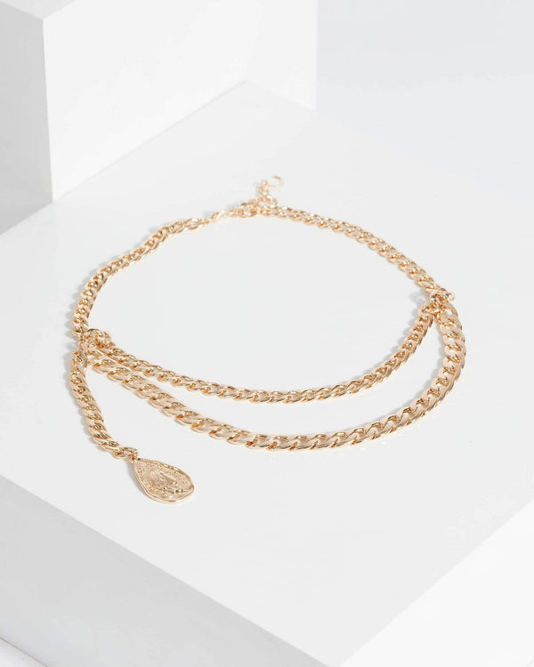 Gold Multi Layer Linked Chain Drop Charm Necklace | Necklaces