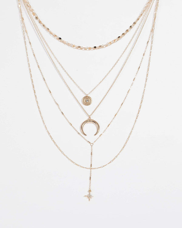 Gold Multi Layer Moon and Star Necklace | Necklaces