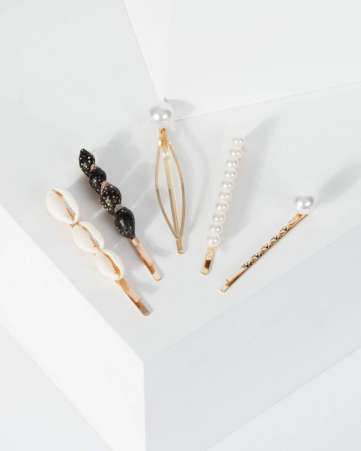 Gold Multi Pack Beach Detail And Pearl Hair Slides | Accessories