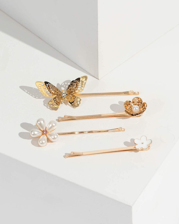 Gold Multi Pack Butterfly And Flower Hair Slides | Hair Accessories