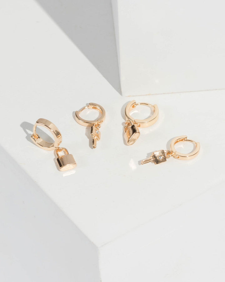Gold Multi Pack Lock And Key Hoop Earrings | Earrings