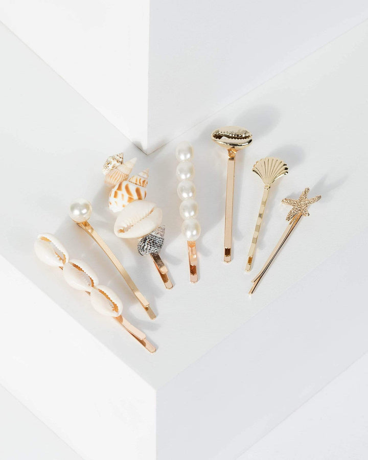 Gold Multi Pack Pearl And Beach Detail Hair Slides | Accessories