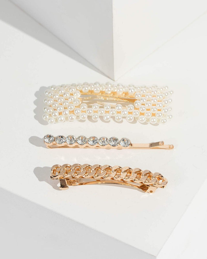 Gold Multi Pack Pearl And Chain Hair Slides | Hair Accessories