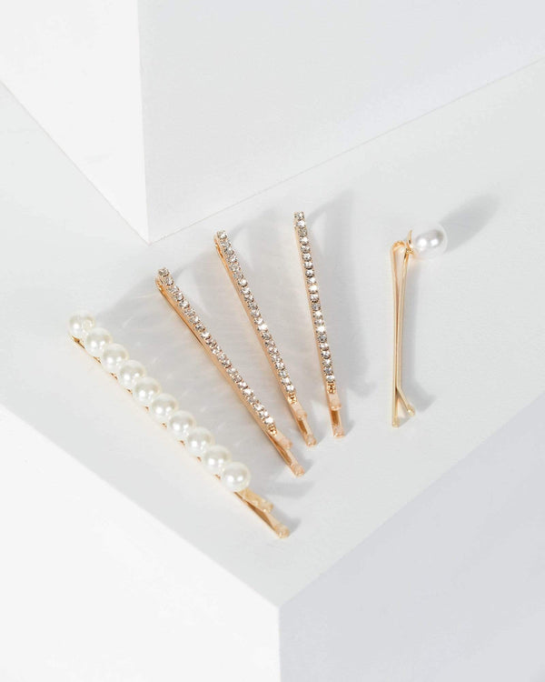 Gold Multi Pack Pearl And Diamante Hair Slides | Accessories