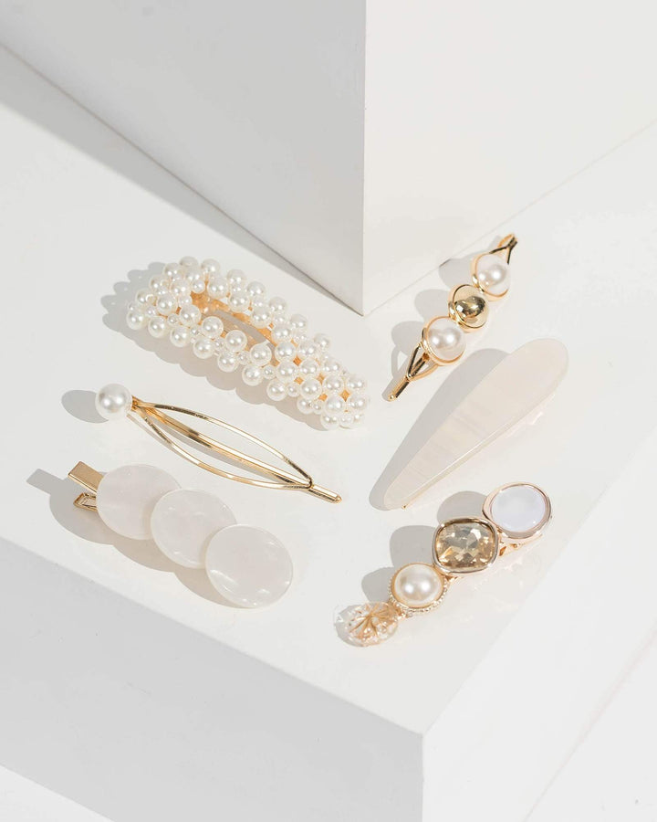 Gold Multi Pack Pearl And Round Detail Hair Slides | Hair Accessories