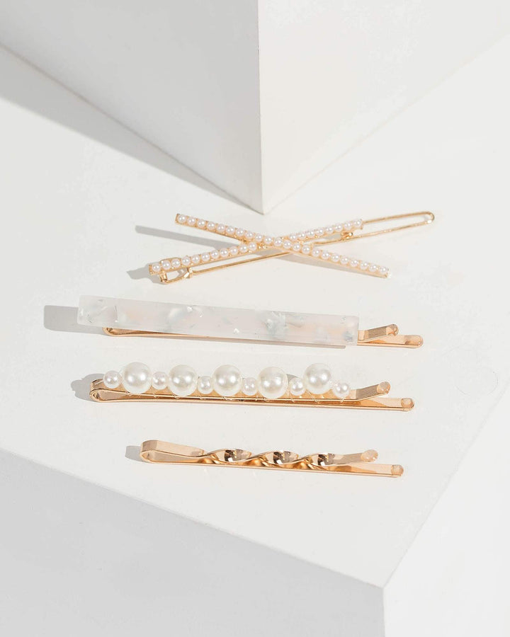 Gold Multi Pack Pearl Cross Over Hair Slides | Hair Accessories