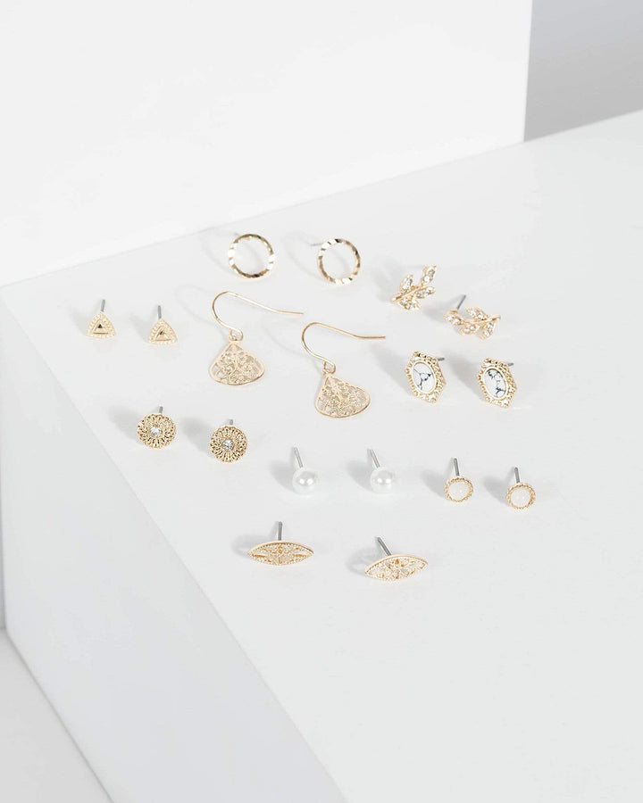 Gold Multi Stone And Metal 9 Pack Earrings | Earrings