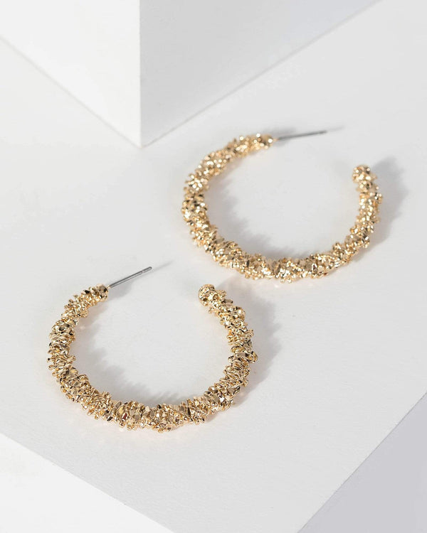Gold Open Textured Hoops Earrings | Earrings