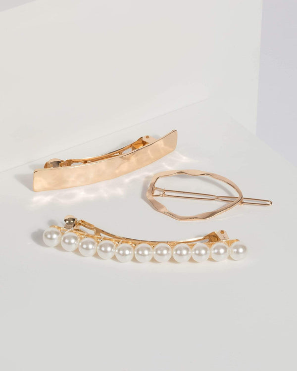 Gold Organic Metal and Pearl Clip Pack | Hair Accessories