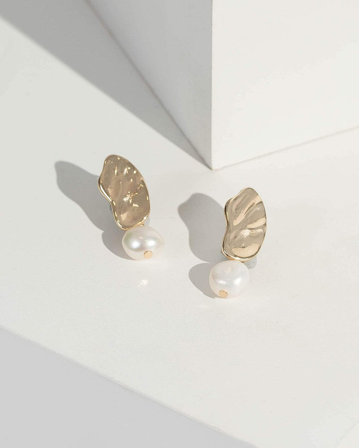Gold Organic Metal Pearl Drop Earrings | Earrings