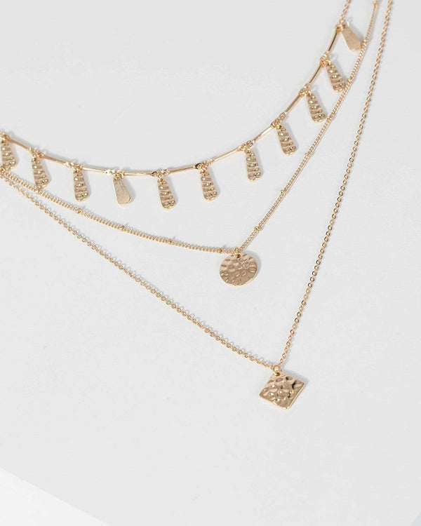 Gold Organic Metal Pendant 3 Layer Necklace | Necklaces