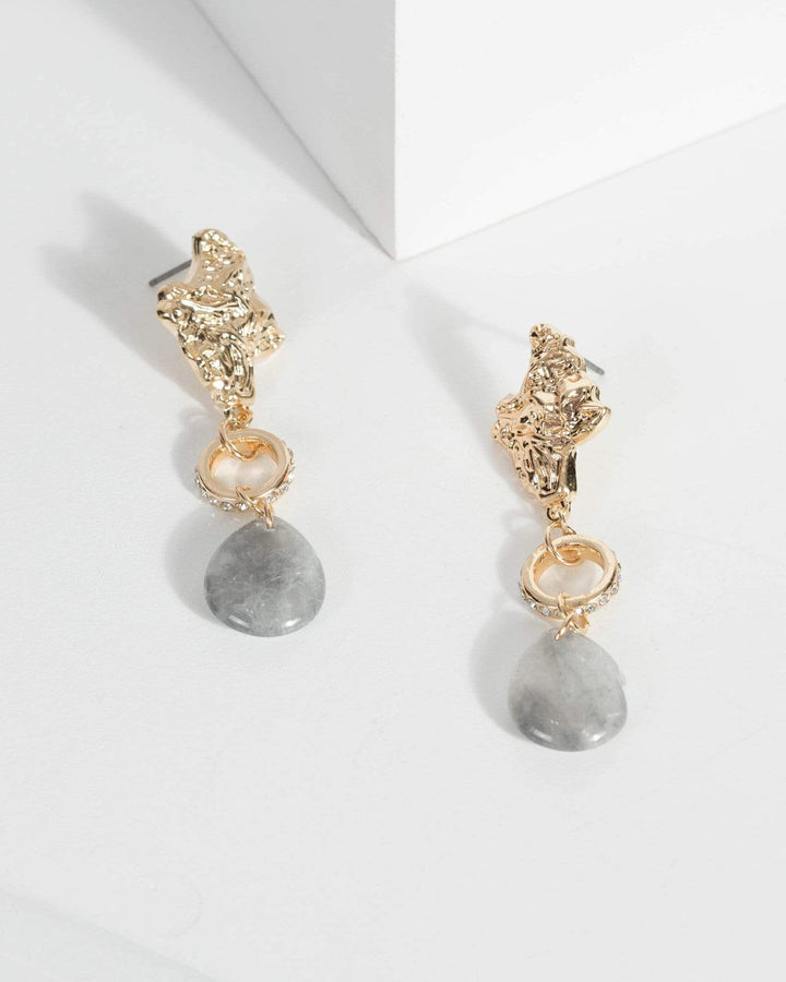 Gold Organic Metal Stone Drop Earrings | Earrings