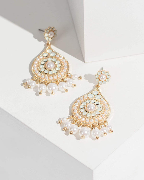 Gold Patterned Teardrop Pearl Earrings | Earrings