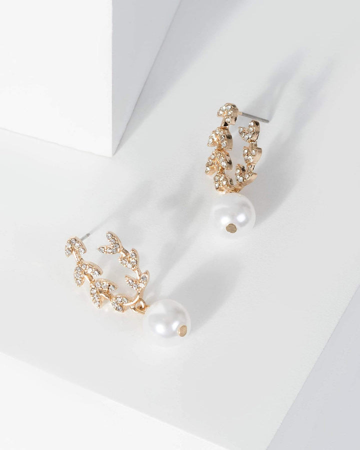 Gold Pave Leaf Pearl Earrings | Earrings