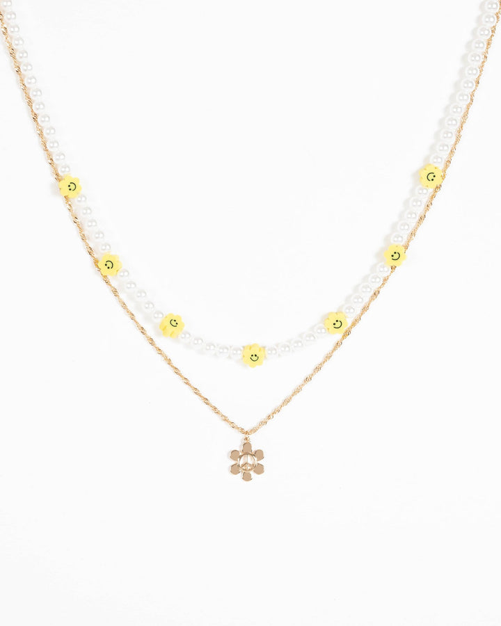 Gold Peach Smiley Flower Necklace | Necklaces