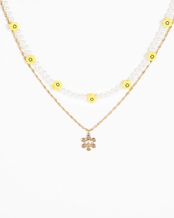 Gold Peach Smiley Flower Necklace | Necklaces