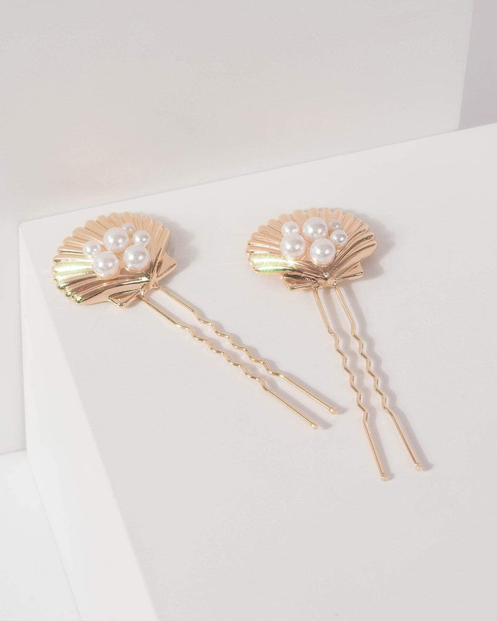 Gold Pearl And Beach Pendant Hair Pin | Accessories