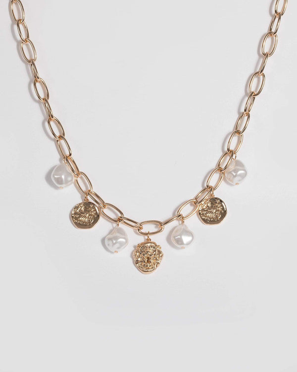Gold Pearl and Lion Pendant Necklace | Necklaces