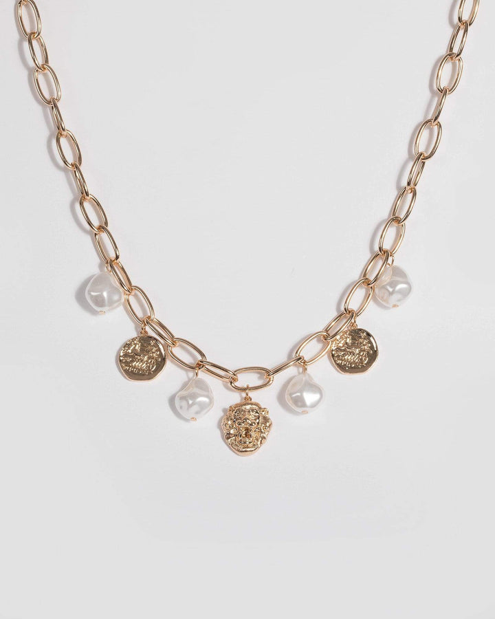 Gold Pearl and Lion Pendant Necklace | Necklaces