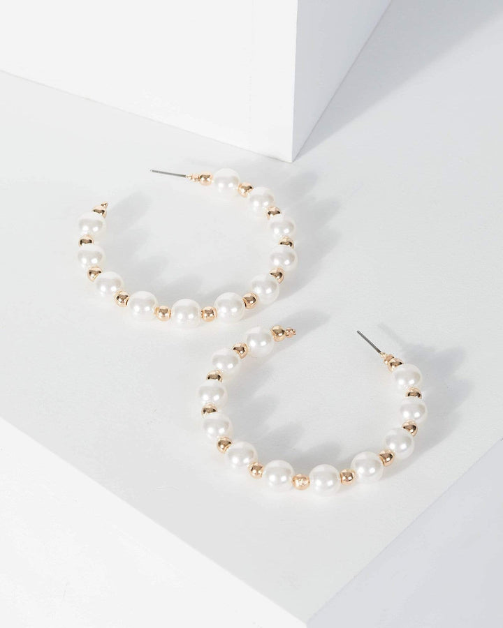 Gold Pearl And Metal Bead Hoop Earrings | Earrings