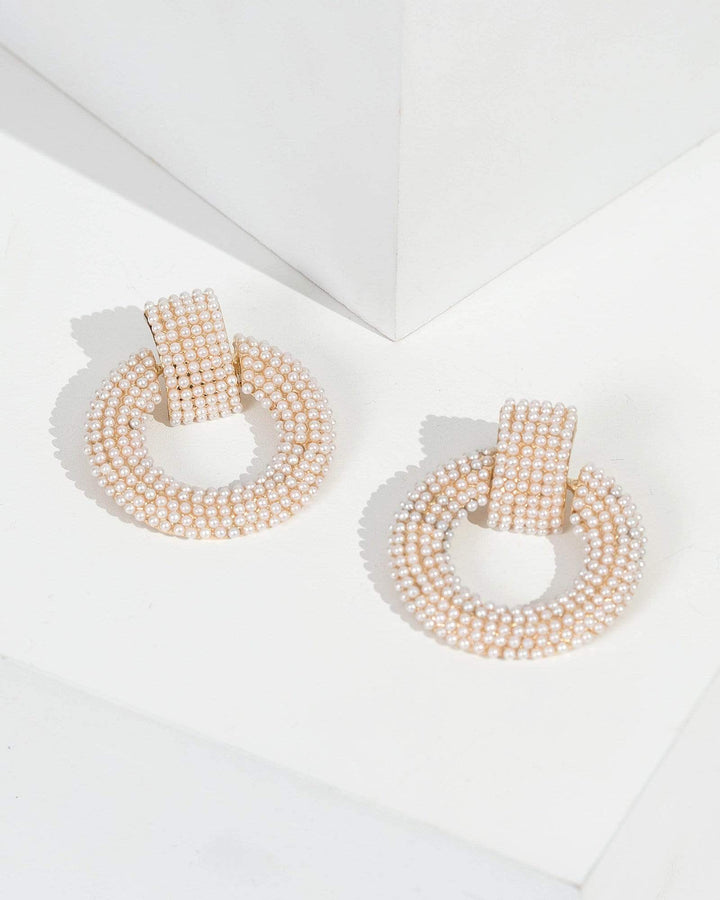 Gold Pearl Covered Drop Hoops Earrings | Earrings