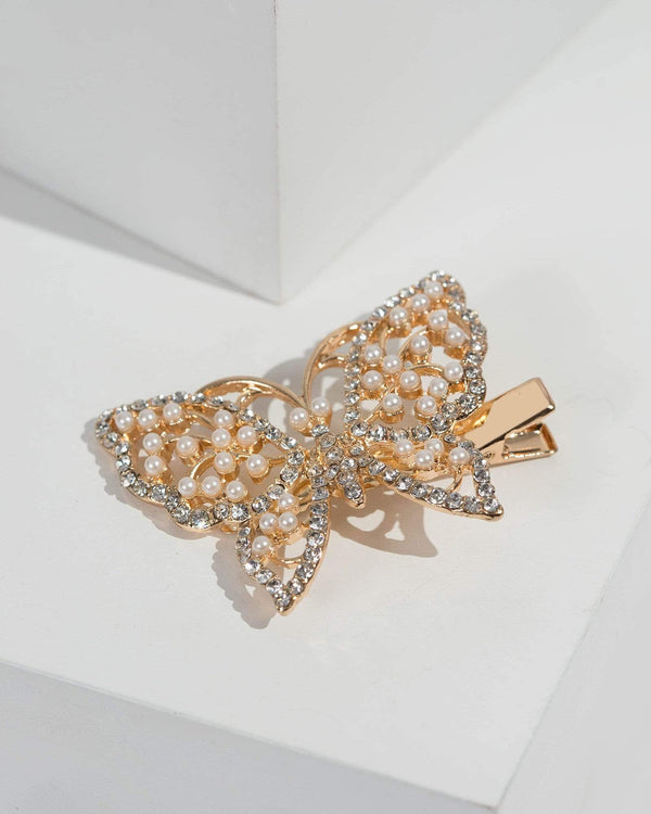 Gold Pearl Crystal Butterfly Hair Clip | Hair Accessories