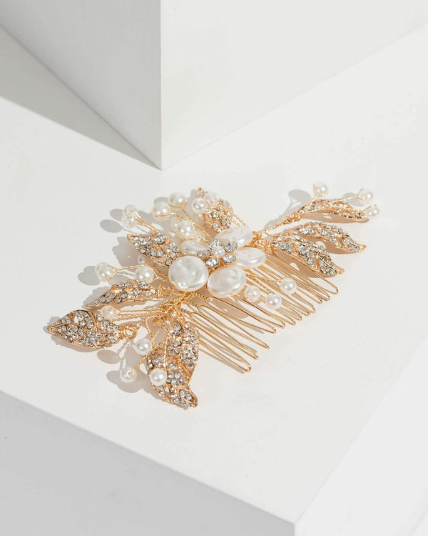 Gold Pearl Crystal Cluster Hair Comb | Hair Accessories
