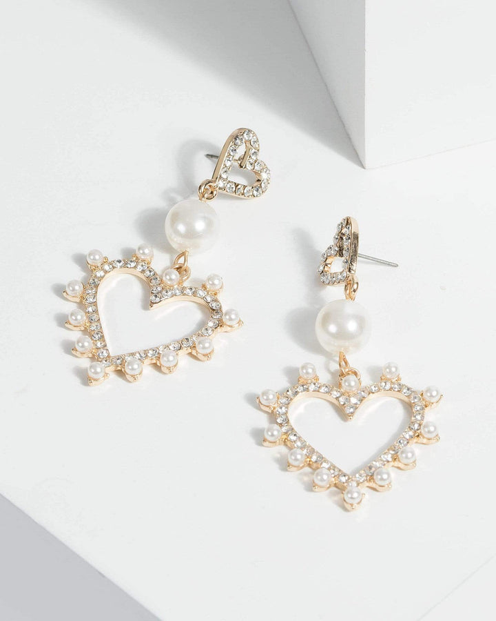 Gold Pearl Crystal Statement Heart Earrings | Earrings