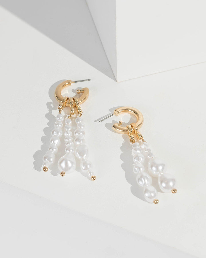 Gold Pearl Dangle Hoop Earrings | Earrings