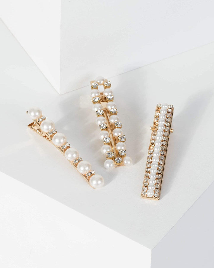 Gold Pearl Diamante Detail Hair Slide 3 Pack | Accessories