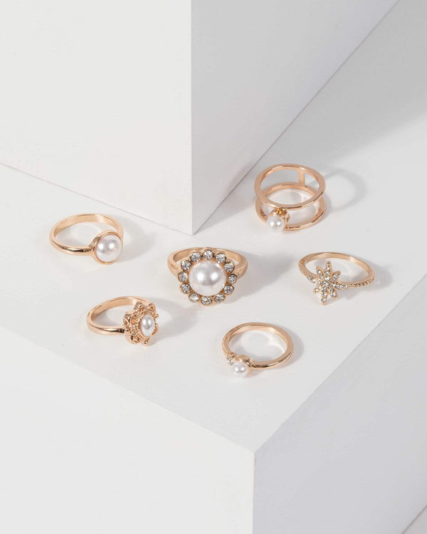 Gold Pearl Diamante Ring Multi Pack | Rings